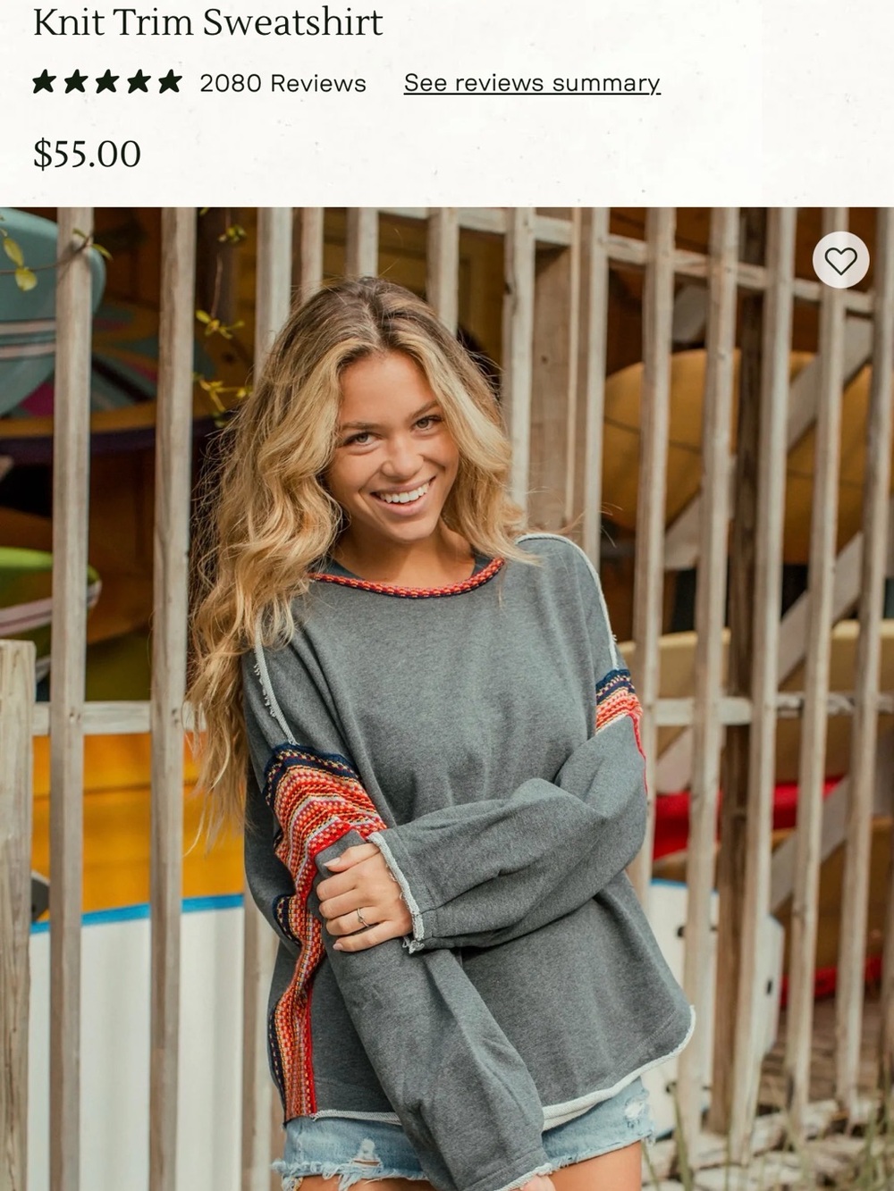 NATURAL LIFE Gray Crew Sweatshirt with Multicolor Knit Sleeve Trim